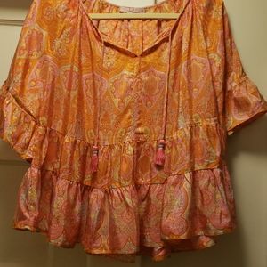 Calypso printed silk 2 tier blouse